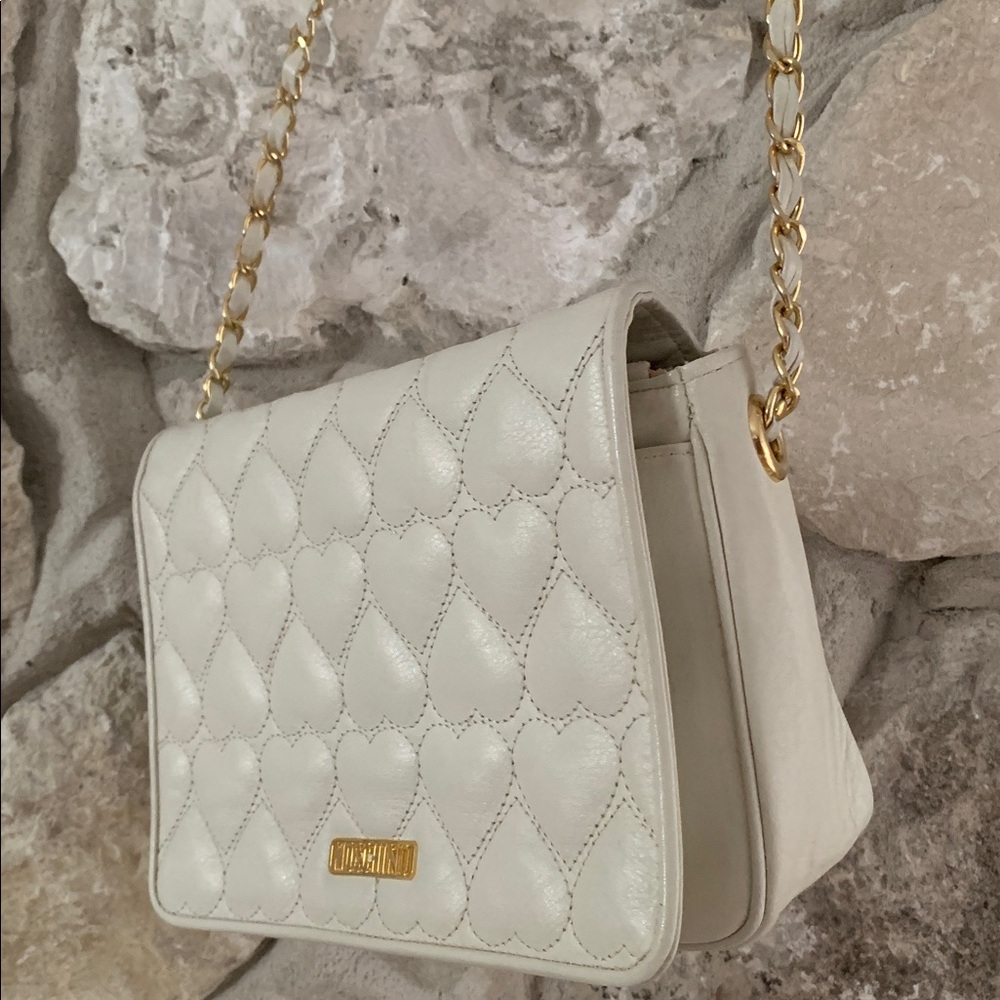 Vintage Moschino White Quilted Hearts Chain Bag Purse